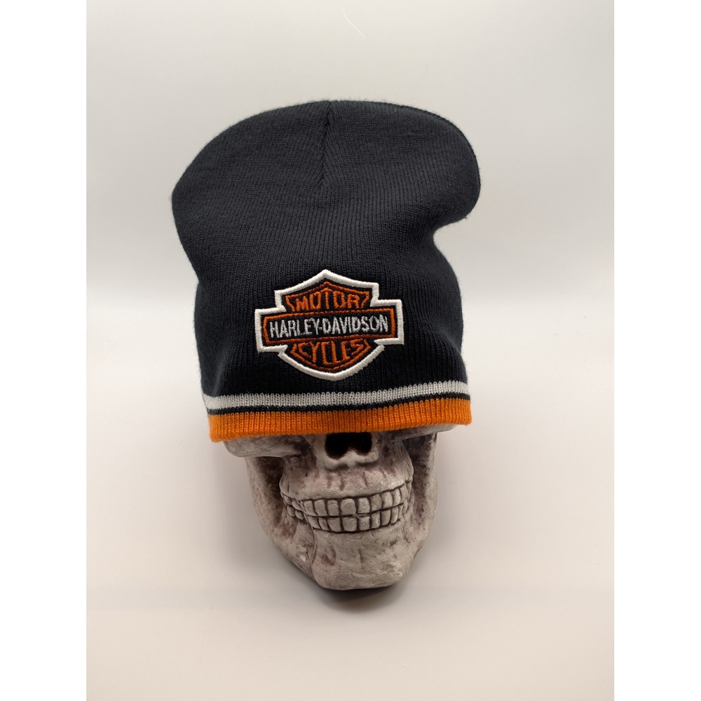 Harley Davidson Beanie Hat Mens OSFM Black Orange Bar & Shield Knit Skull Cap EX